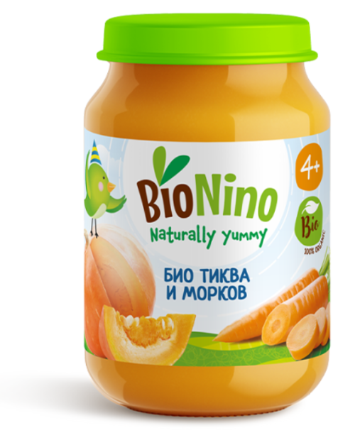 Пюре Био тиква и морков BioNino - 4+ месеца, 190 гр.