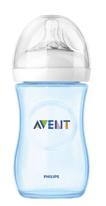 Бебешка бутилка Natural 260 мл. с биберон - две дупки 1+ месеца Philips Avent - син
