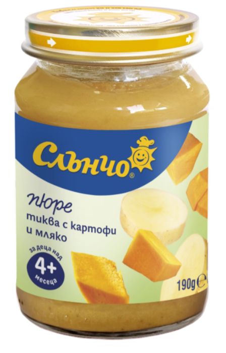 Пюре тиква с картофи и мляко Слънчо - 4+месеца, 190 гр.