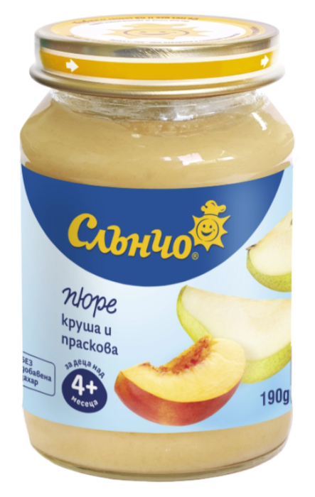 Пюре круша и праскова Слънчо - 4+ месеца, 190 гр