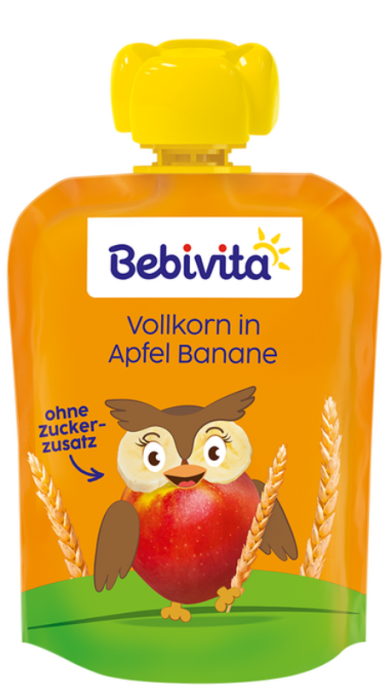 Плодова закуска пълнозърнести култури с ябълка и банан Bebivita - 12+ месеца, 90гр.