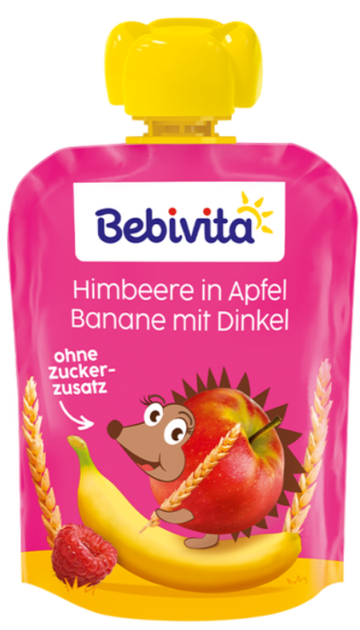 Плодова закуска ябълка, банан и малини с бисквити Bebivita - 12+ месеца, 90 гр.