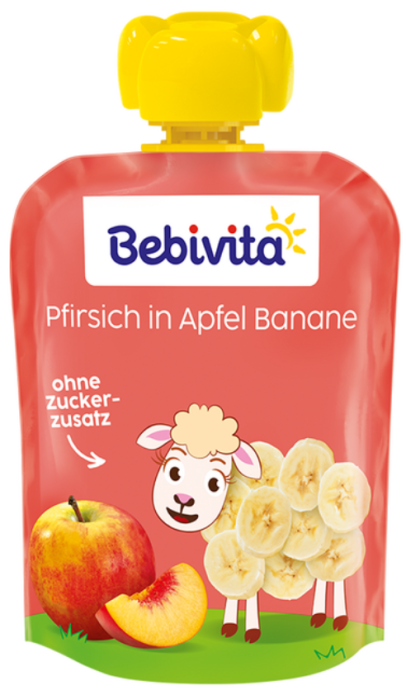 Плодова закуска ябълка с банани и праскова Bebivita - 12+ месеца, 90гр.