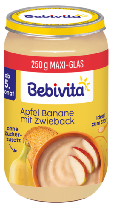 Плодова каша ябълка и банан със сухар Bebivita - 4+ месеца, 250гр,