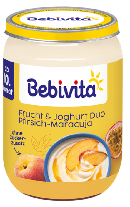 Пюре йогурт с плодове праскова и маракуя Bebivita - 10+ месеца, 190 гр.