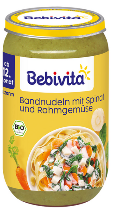 Пюре Био макарони  спанак, зеленчуци и сметана Bebivita -12+ месеца, 250 гр.