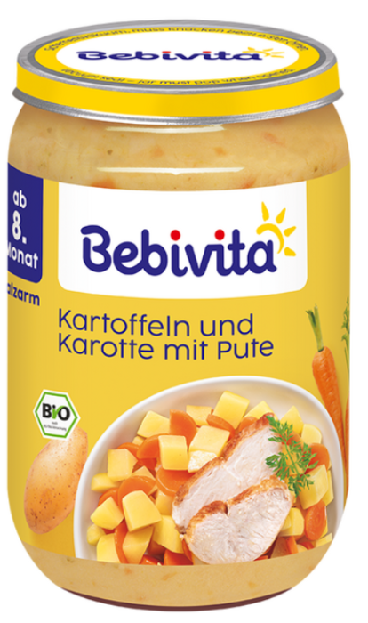 Пюре Био картофи и зеленчуци с пуешко месо Bebivita - 8+ месеца, 220 гр.