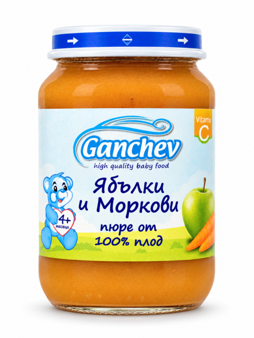 Пюре 100% плод ябълки и моркови Ганчев - 4+ месеца, 190 гр.