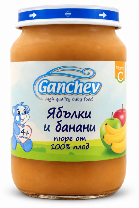 Пюре 100 % плод ябълки и банани Ганчев - 4+ месеца, 190 гр.
