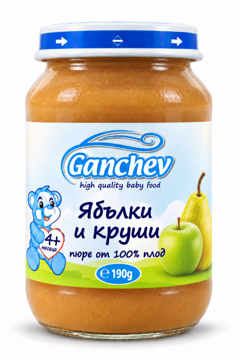  Пюре 100% плод ябълки и круши Ганчев - 4+ месеца, 190 гр.