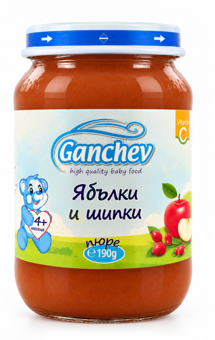 Пюре ябълки и шипка Ганчев - 4+ месеца, 190 гр. 