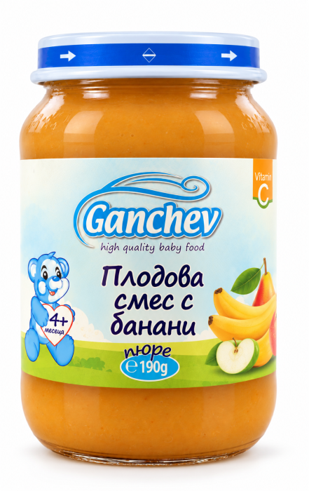 Пюре плодова смес с банани Ганчев - 4+ месеца, 190 гр.