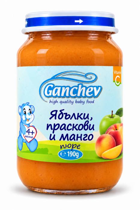 Пюре ябълки, праскови и манго Ганчев - 4+ месеца, 190 гр.