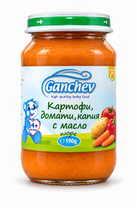 Пюре картофи, домати и капия с масло Ганчев - 4+ месеца, 190 гр.